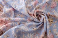 ткань сиренево-голубой лен с бабочками и цветами