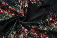 ткань черный сатин с цветами Италия