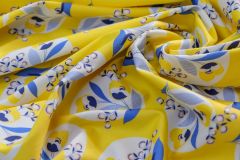 ткань желтый сатин с голубыми цветами Италия
