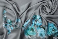 ткань атлас серый с голубыми цветами