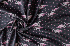 ткань хлопок сине-черный с фламинго и бело-розовыми цветочками костюмно-плательная хлопок цветы синяя Италия