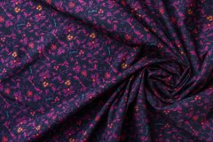 ткань хлопок темно-синего цвета с розовыми и ярко фиолетовыми цветами костюмно-плательная хлопок цветы синяя Италия