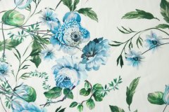 ткань поплин белого цвета с голубыми розами и зелеными листьями Италия