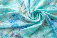 ткань хлопковый поплин бирюзового цвета с цветами и бабочками