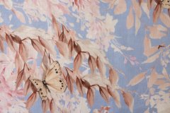 ткань лен с бабочками и цветами голубой с сиреневатым оттенком костюмно-плательная лен цветы голубая Италия