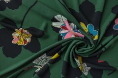 ткань креп зеленого цвета с цветами Италия