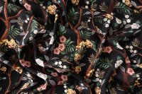 ткань черный сатин стрейч с эластаном с цветами и птицами