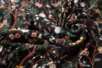 ткань черный сатин стрейч с эластаном с цветами и птицами