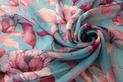 ткань бирюзовый шифон с цветами шифон шелк цветы голубая Италия