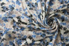 ткань молочный атлас с синими и черными цветами атлас шерсть цветы белая Италия