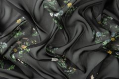 ткань черный шифон с мелкими цветочками шифон шелк цветы черная Италия