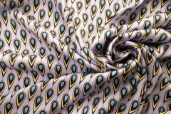 ткань атлас с желто-синими перьями на лавандовом фоне от Карнет для Унгаро Италия