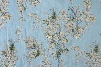 ткань голубой лен с цветами вишни