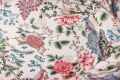 ткань шелковый сатин с цветами и птицами Италия