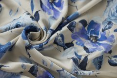 ткань бежевый сатин с синими цветами Италия