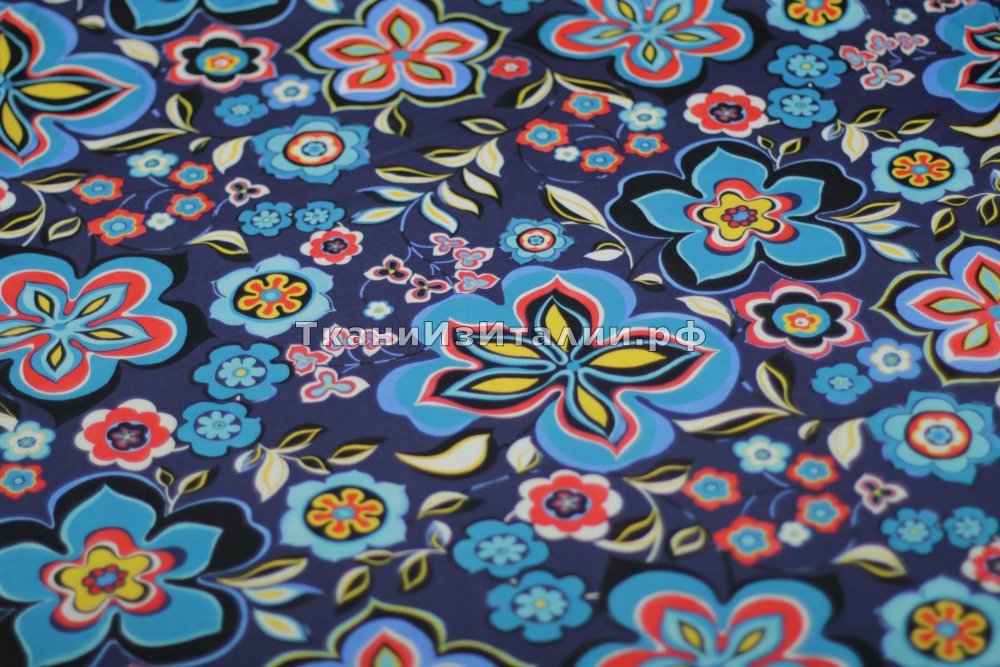ткань синий хлопковый трикотаж с цветами, Италия
