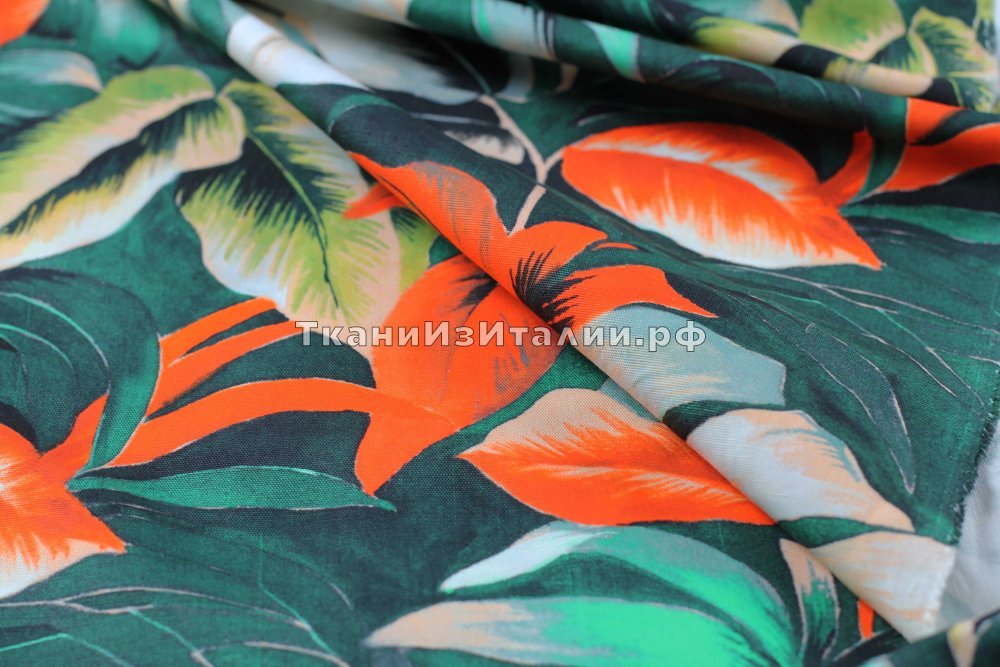 ткань плотный хлопок полотняного плетения с ярким тропическим принтом, канвас хлопок цветы зеленая Италия