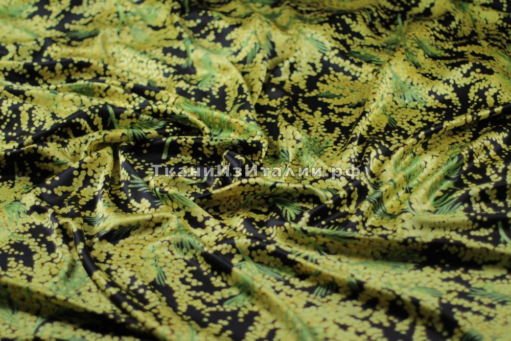 ткань черный атлас с мимозами, атлас шелк цветы желтая Италия