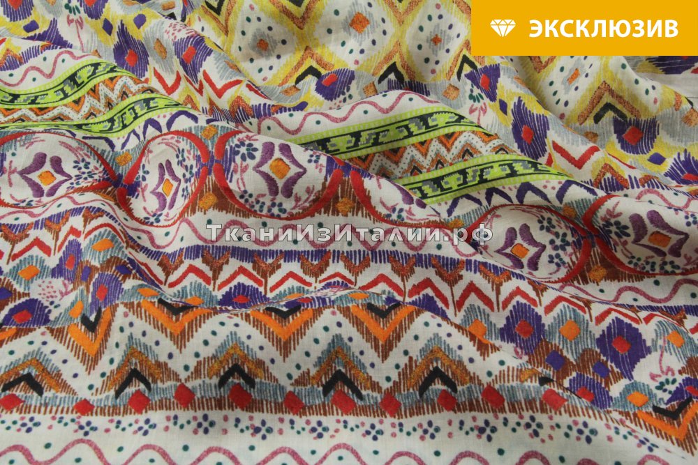 ткань рубашечно-плательный лен с этническим принтом, костюмно-плательная лен иные разноцветная Италия