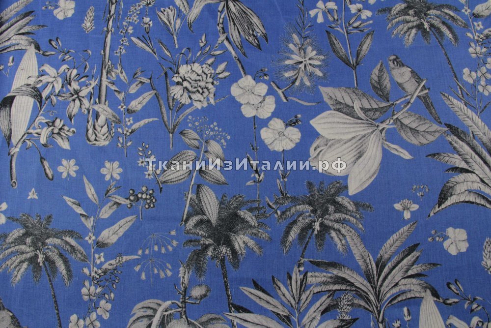 ткань васильковый лен с белыми цветами, сорочечная лен цветы синяя Италия