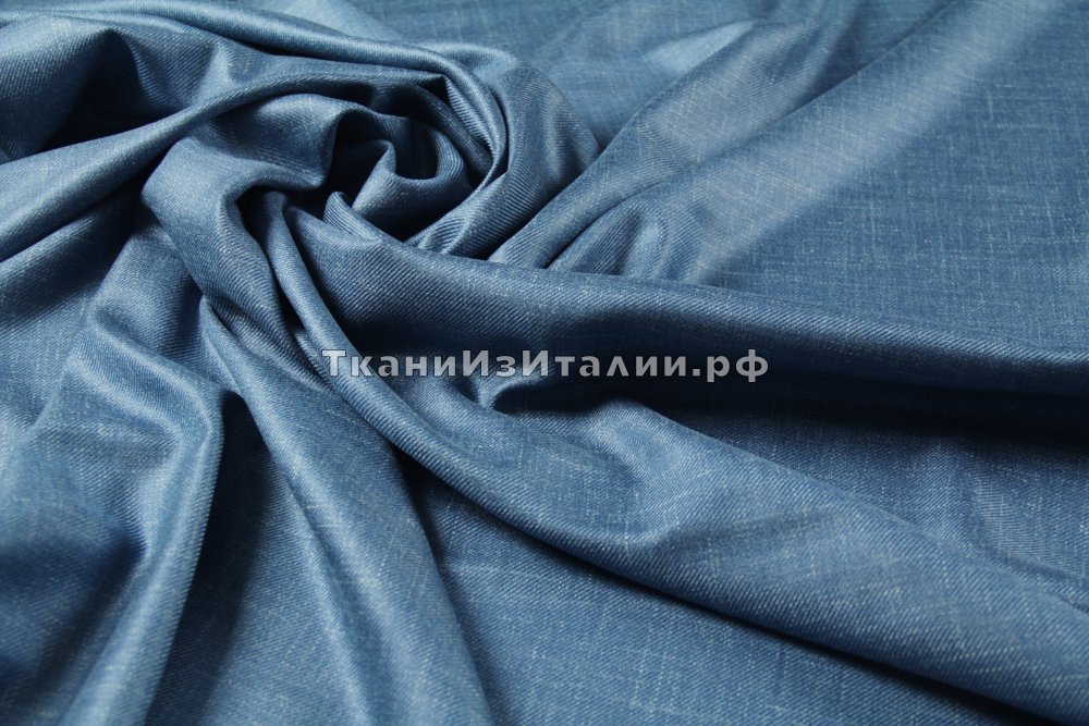 ткань шелк с кашемиром и льном меланжевый синий, костюмно-плательная шелк однотонная голубая Италия