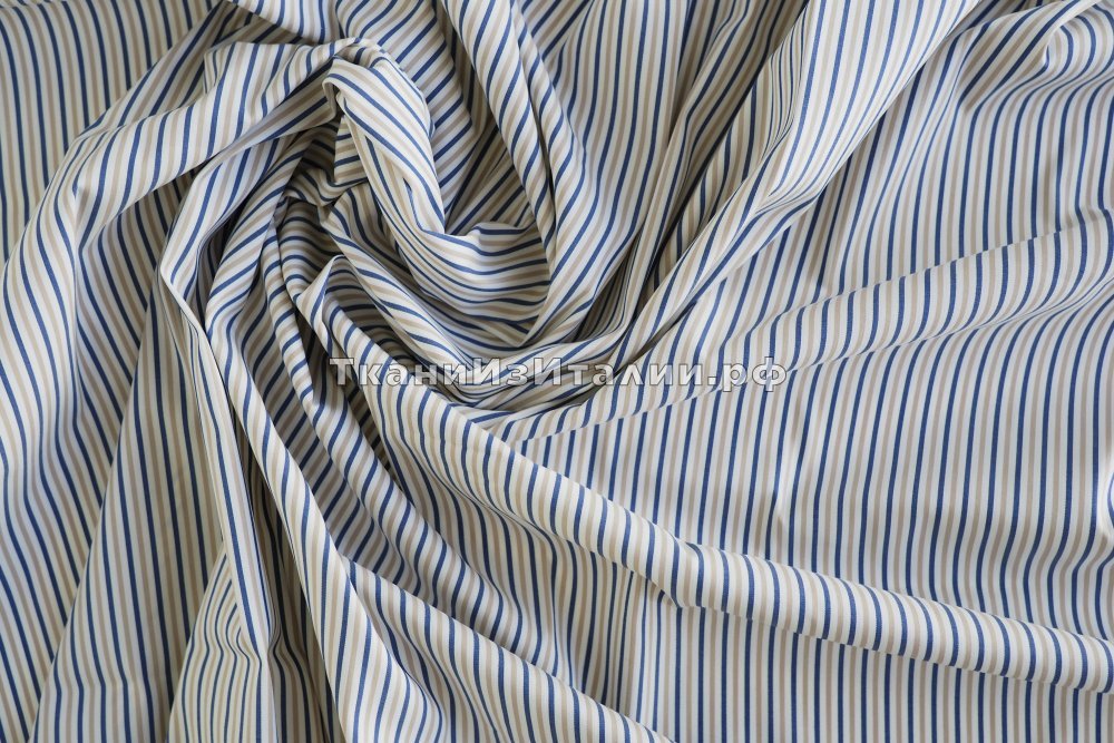 ткань белый хлопок в полоску кремово-синего цвета, поплин хлопок в полоску бежевая Италия