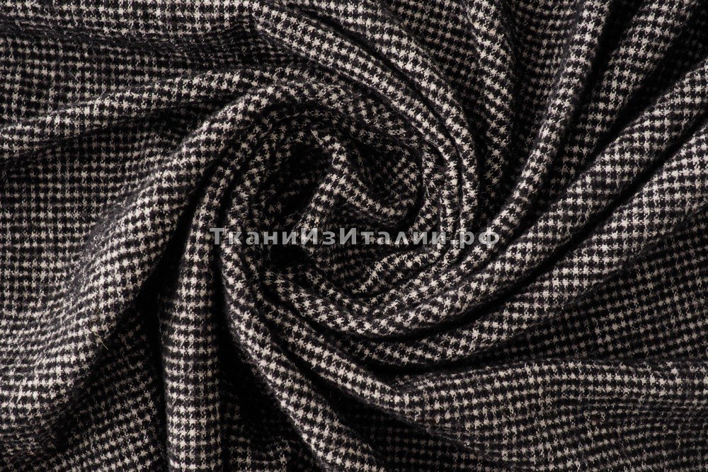 ткань шерсть в черно-белую клетку (вафельная), костюмно-плательная шерсть в клетку серая Италия