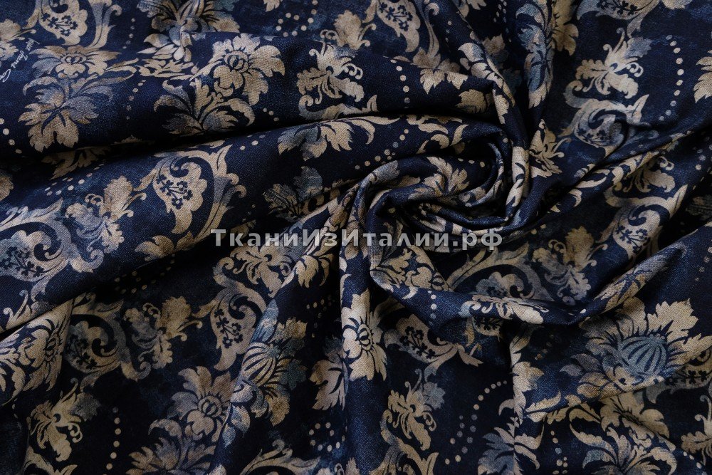 ткань джинсовая ткань с эластаном с цветами на синем фоне, джинсовая ткань хлопок цветы синяя Италия
