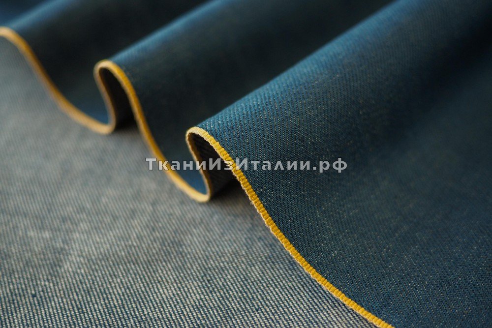 ткань джинсовая ткань синяя со светло-горчичным подтоном, джинсовая ткань хлопок однотонная синяя Япония