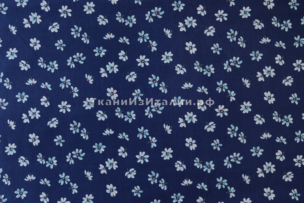 ткань хлопок синий с белыми ромашками, поплин хлопок цветы синяя Италия