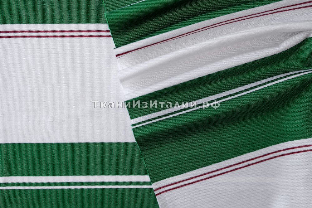 ткань трикотаж из вискозы в широкую бело-зеленую полоску, трикотаж вискоза в полоску зеленая Италия