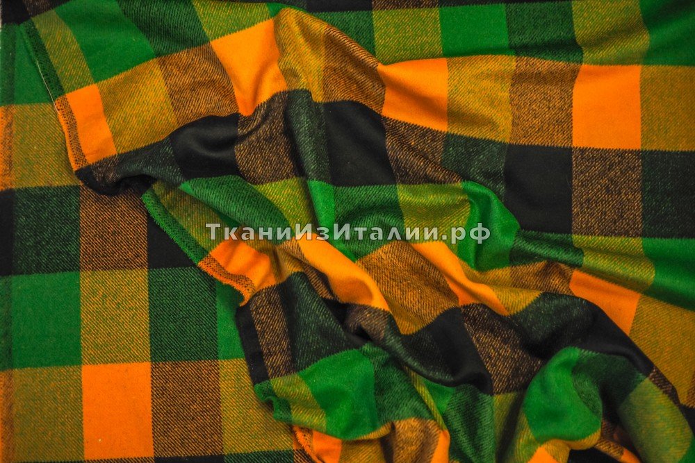 ткань шерсть в клетку зеленого, оранжевого и черного цвета
