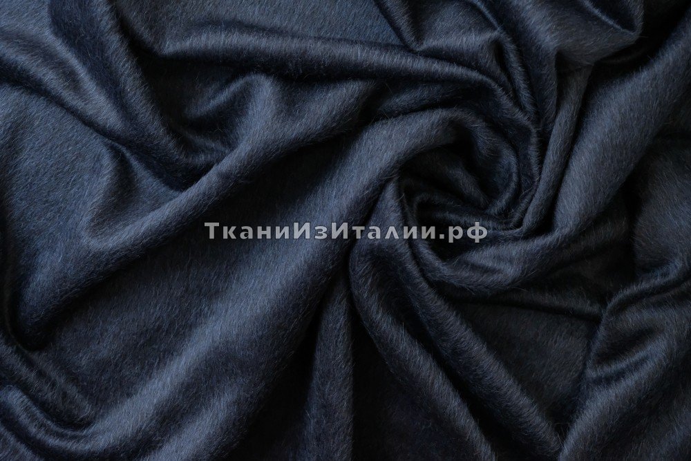ткань пальтовый кашемир с альпакой и шерстью синий с ворсом, пальтовые кашемир однотонная синяя Италия