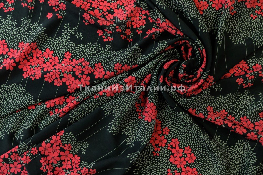 ткань черный с красными цветами, крепдешин шелк цветы черная Италия