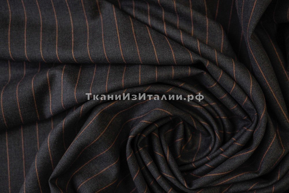 ткань шерсть темно-серая в персиково-желтоватую полоску, костюмно-плательная шерсть в полоску персиковая Италия