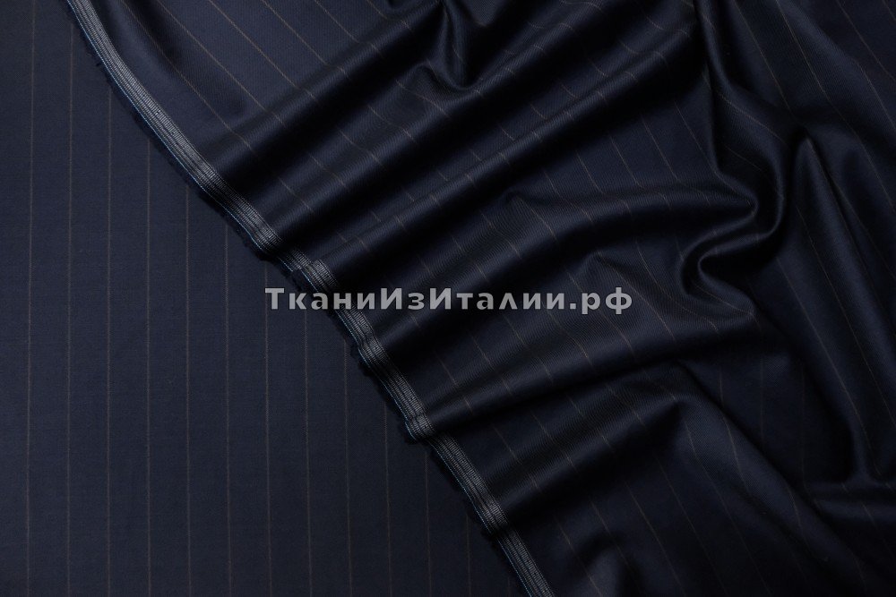 ткань синяя шерсть в широкую полоску, костюмно-плательная шерсть в полоску синяя Италия