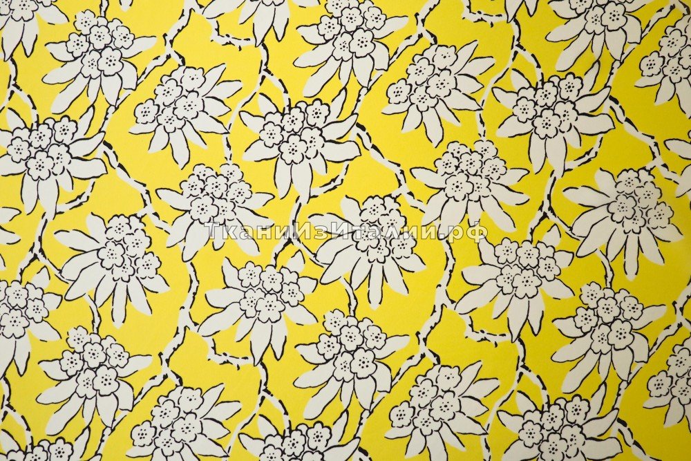 ткань крепдешин желтый с белыми цветами, крепдешин шелк цветы желтая Италия