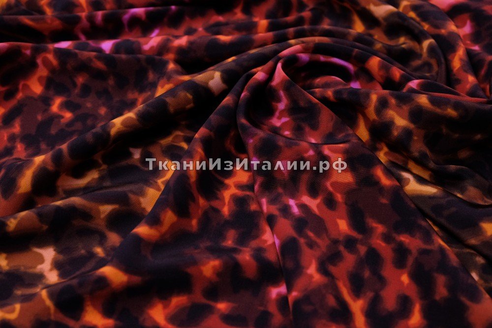 ткань крепдешин с акварельным принтом леопард оранжево-красный, крепдешин шелк леопард оранжевая Италия