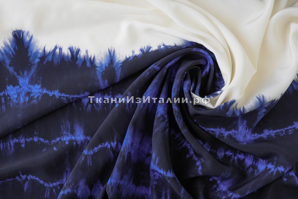 ткань крепдешин с рисунком тай-дай (купон), крепдешин шелк иные синяя Италия