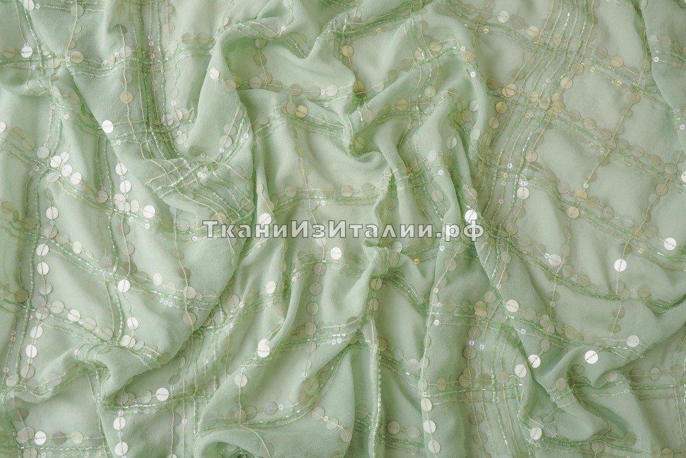 ткань шифон с пайетками фисташкового цвета, шифон шелк однотонная зеленая Италия