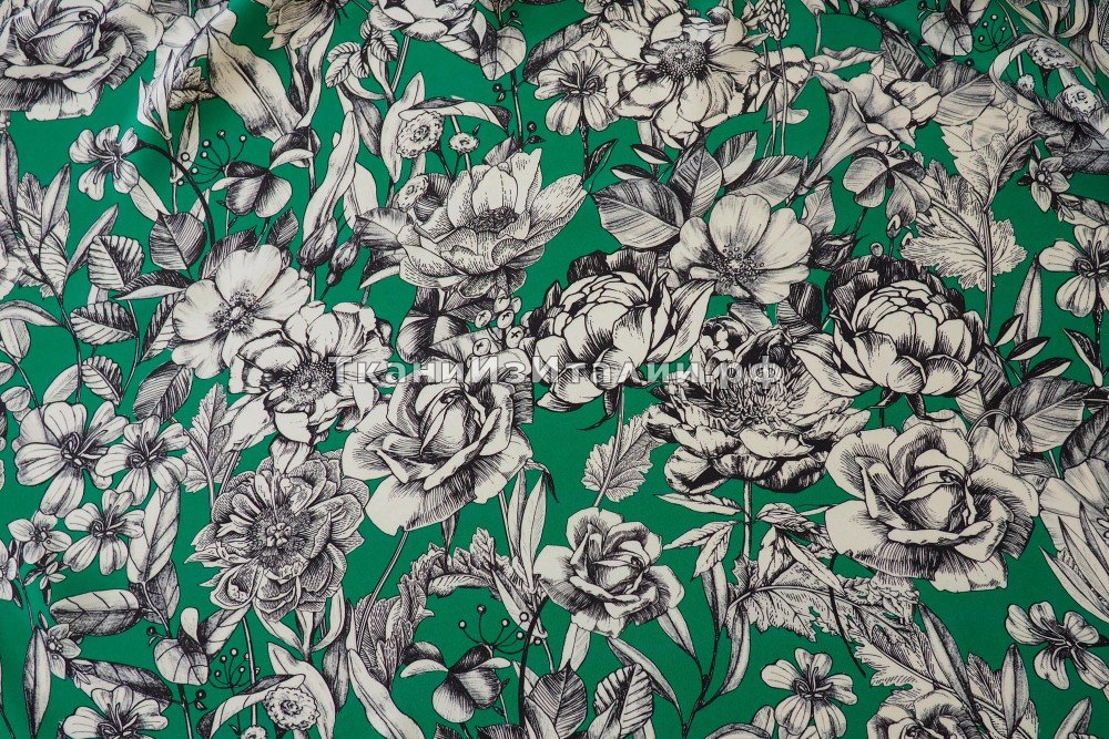 ткань кади травянисто-зеленое с белыми цветами, кади шелк цветы зеленая Италия