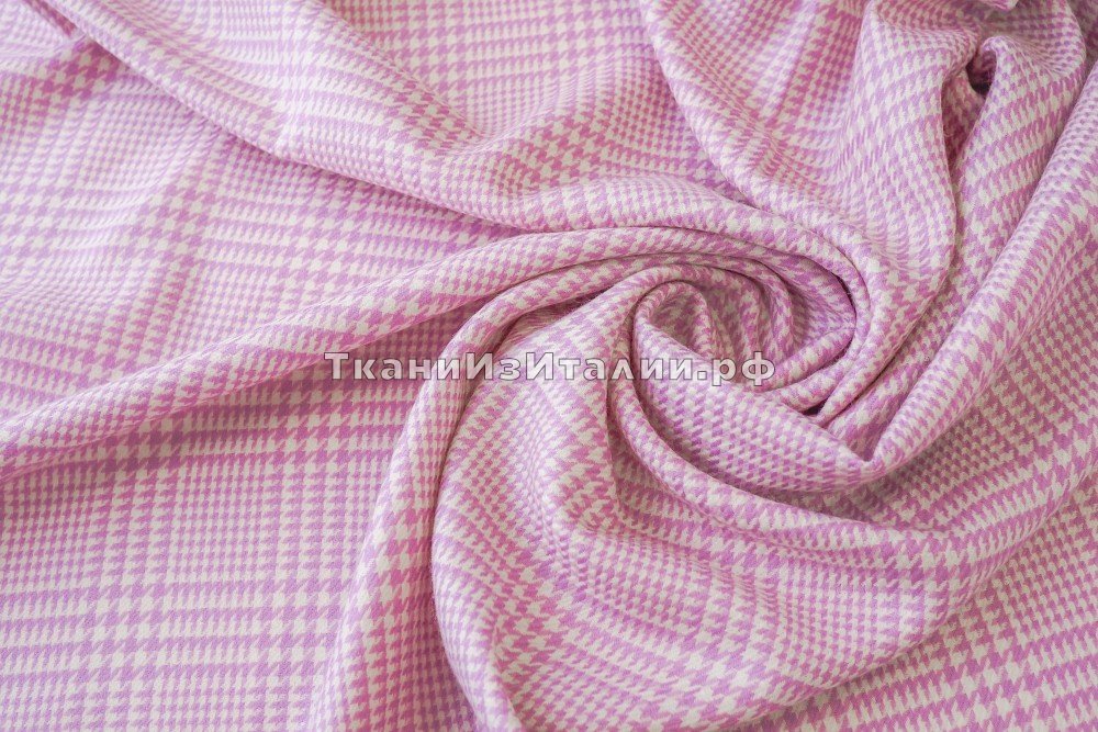 ткань шерсть белая в розовую гусиную лапку, костюмно-плательная шерсть в клетку белая Италия