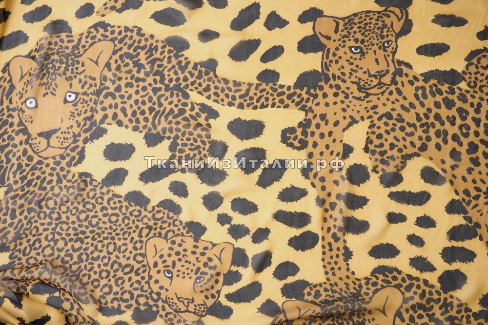 ткань шифон с леопардами горчично-черный, шифон шелк леопард желтая Италия