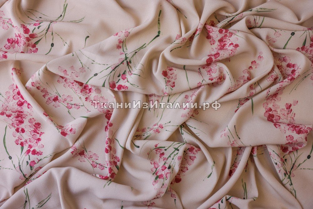 ткань креп из вискозы с цветами, креп вискоза цветы розовая Италия