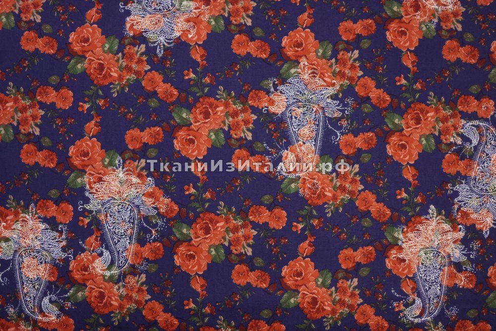 ткань костюмный хлопок с эластаном с цветами и пейсли на синем фоне, костюмно-плательная хлопок цветы синяя Италия