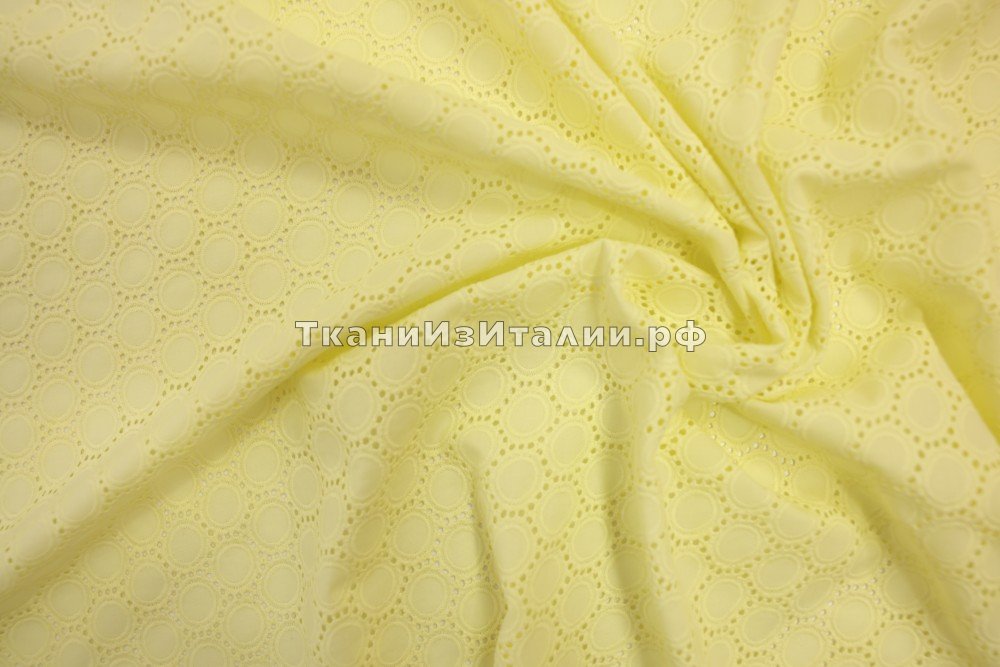 ткань шитье выбеленного лимонного цвета в горошек, шитье хлопок в горошек желтая Италия