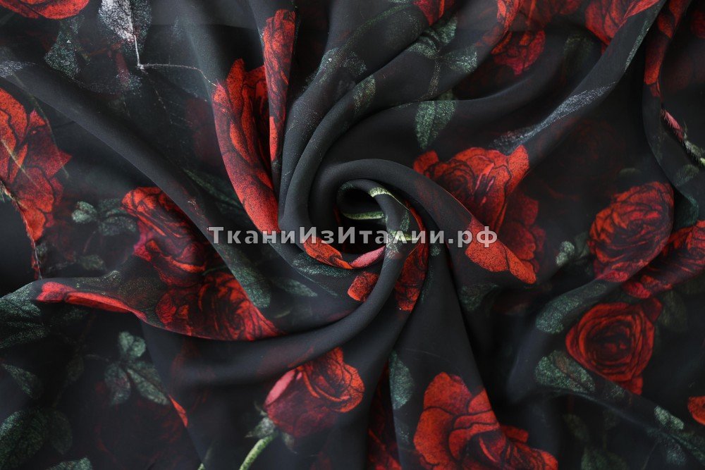 ткань шифон черный с красными розами, шифон шелк цветы черная Италия