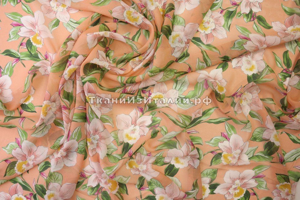 ткань шелковый шифон персикового цвета, шифон шелк цветы персиковая Италия