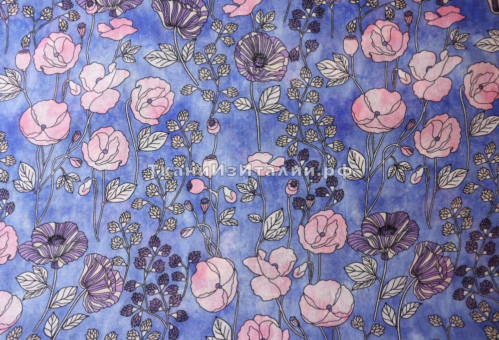 ткань пыльно-голубой лен с розовыми цветами, костюмно-плательная лен цветы голубая Италия