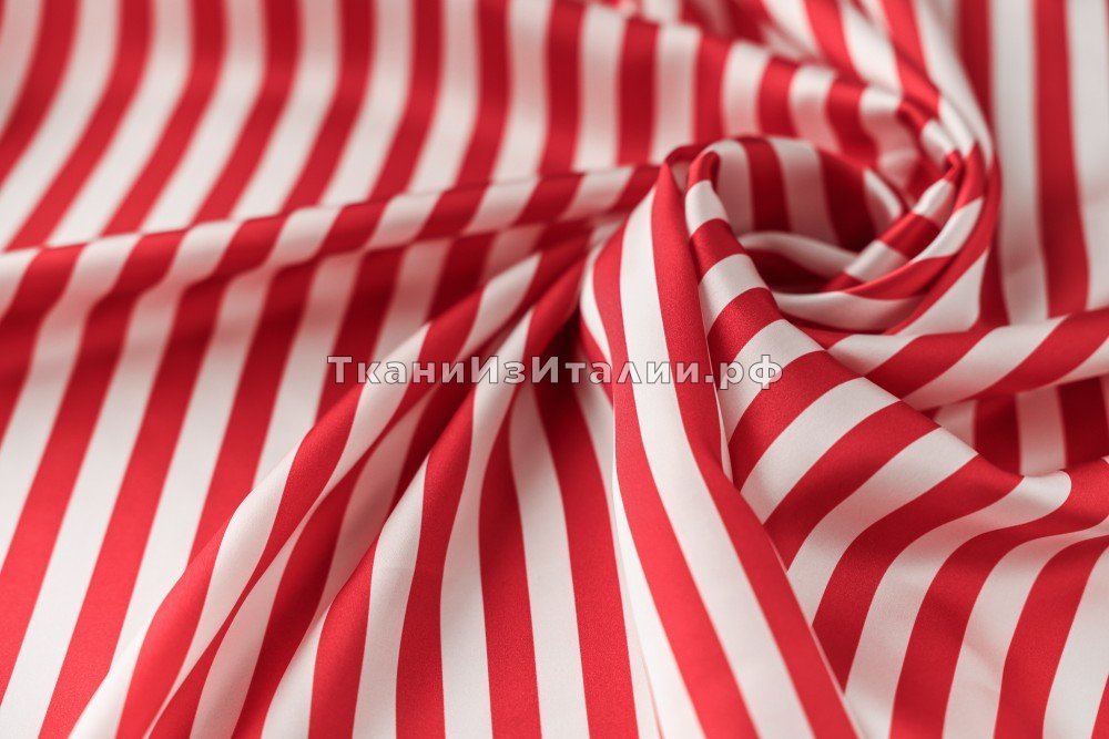 ткань шелковый атлас в красно-белую полоску, атлас шелк в полоску красная Италия